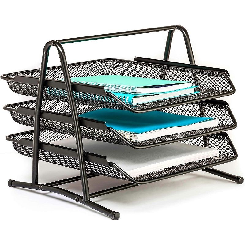 Suport documente etajat, 3 tavite plasa metalica, 30x28x26 cm - imagine 6